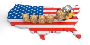 Map of the USA with "brand" formed as a forklift truck and boxes, illustrating the importance of trust in USA business directories.