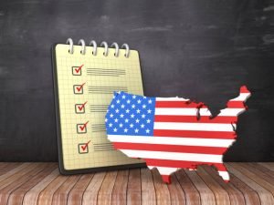 USA map with a checklist on a blackboard background, illustrating local business listings for small businesses.