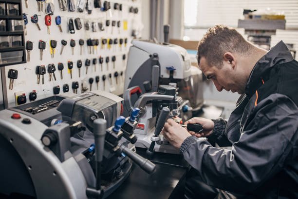 A man in sunglasses is fixing the door handle of a white car, showcasing the expertise of a locksmith in automotive services.