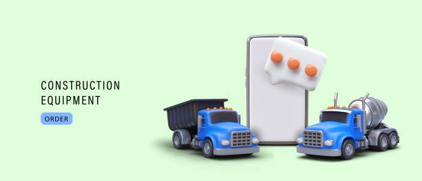 construction equipment and button order. 3d realistic mobile phone, truck and concrete mixer machine. Vector illustration with green background