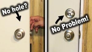 Two images of a door labeled "No Hole" and "No Problem," illustrating a simple door lock change process.