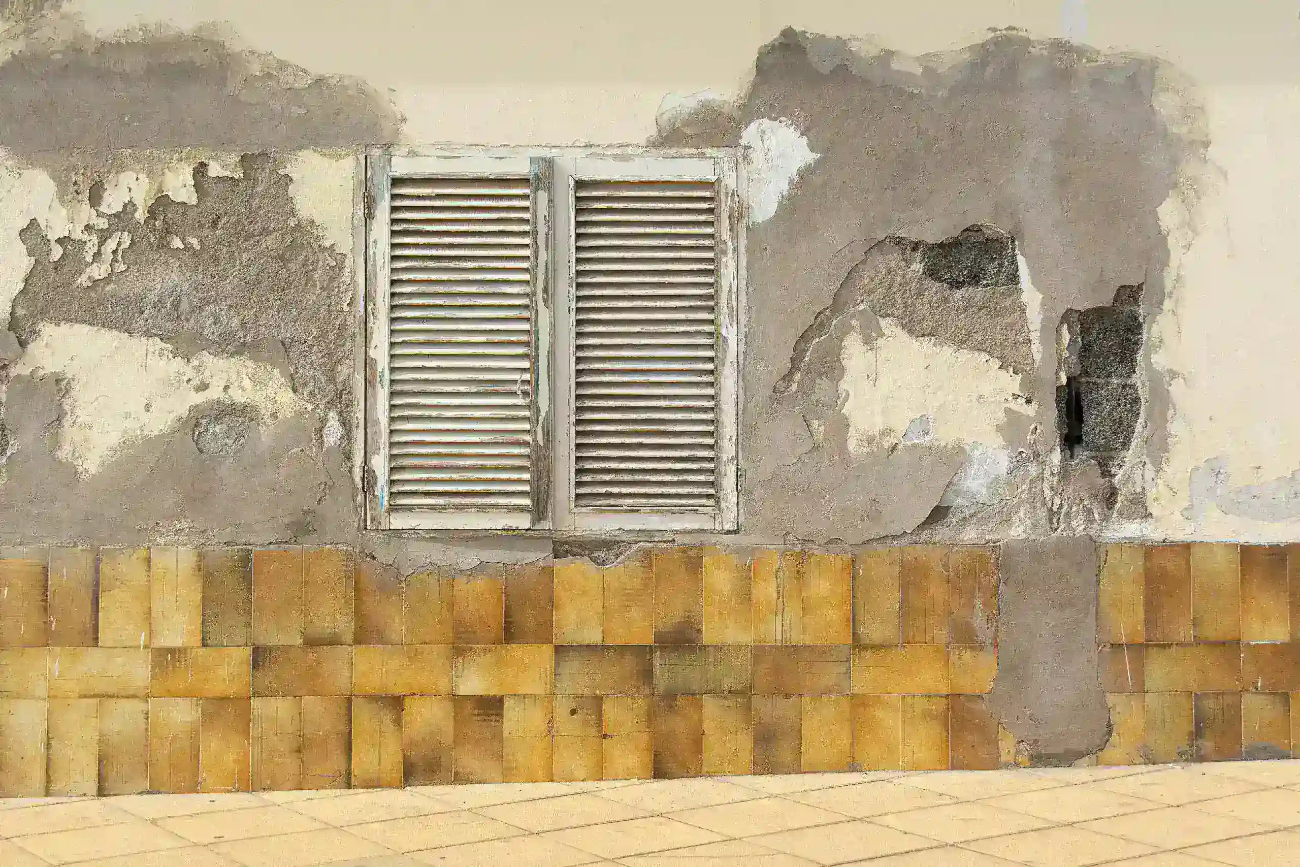 Old house with peeling paint and damaged exterior