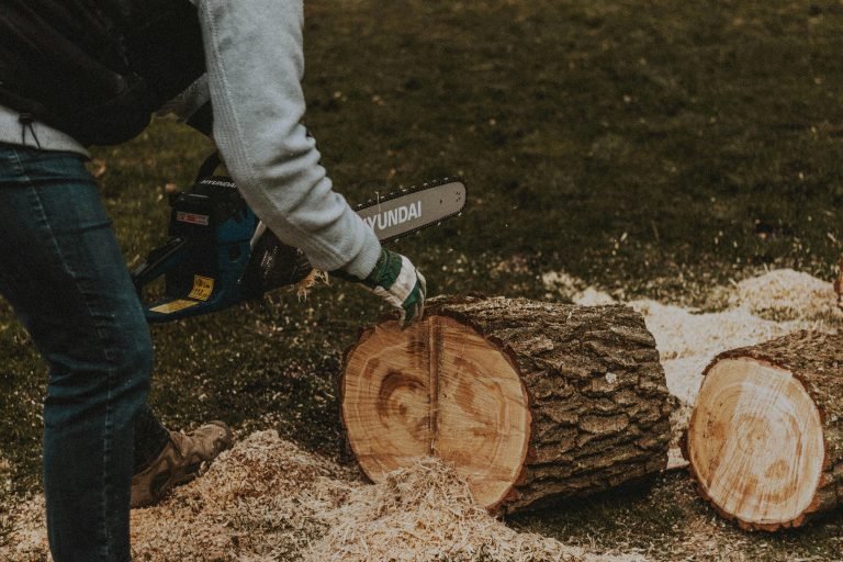 A man using a chainsaw to cut logs in a grassy rural setting, showcasing wood cutting work.