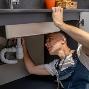 Plumber, repair. Experienced attentive middle-aged man carefully examining bottom of kitchen sink touching pipe with his hand diagnosing problem